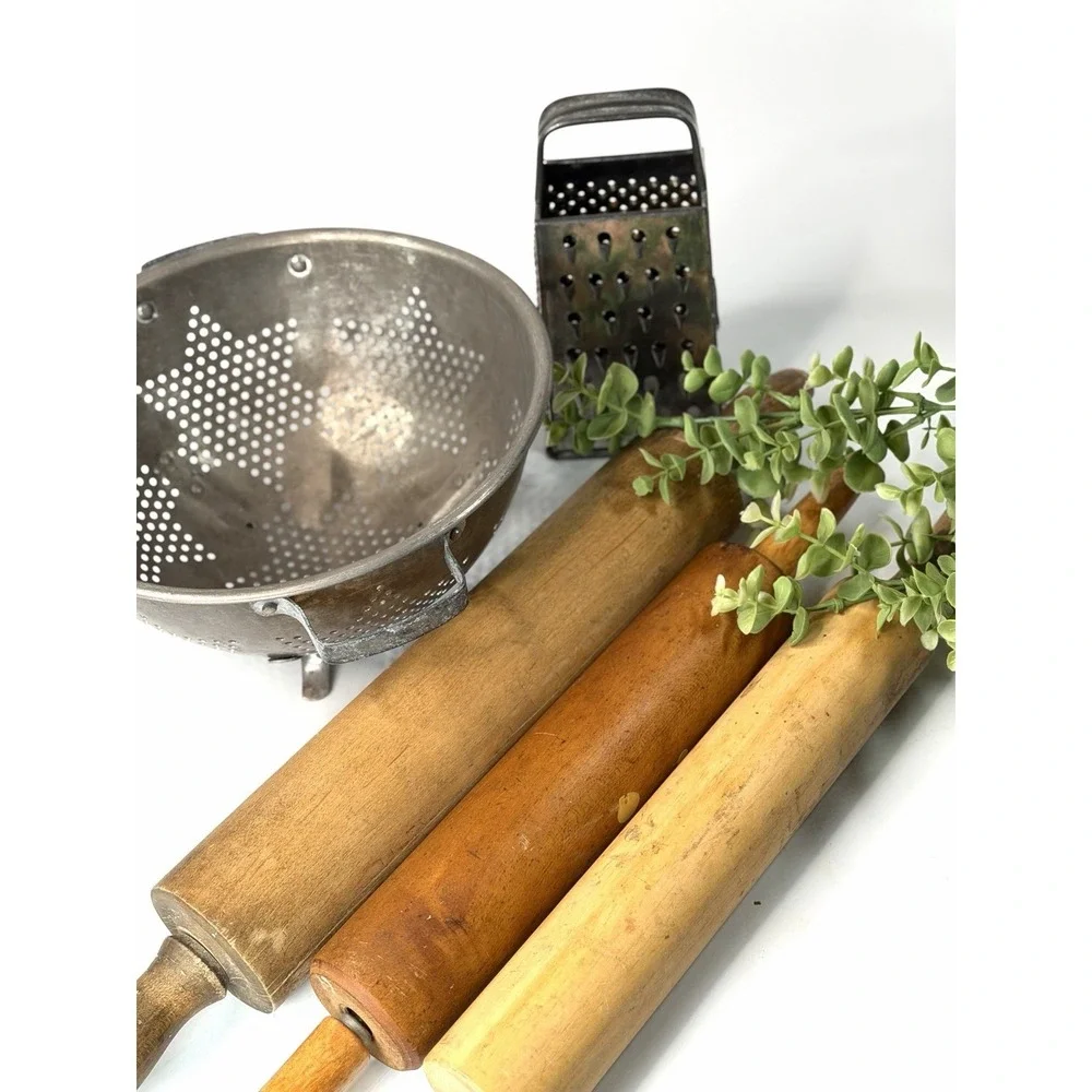 Vintage Kitchen Utensil Lot Wooden Rolling Pins Star Colander Metal Grater Decor